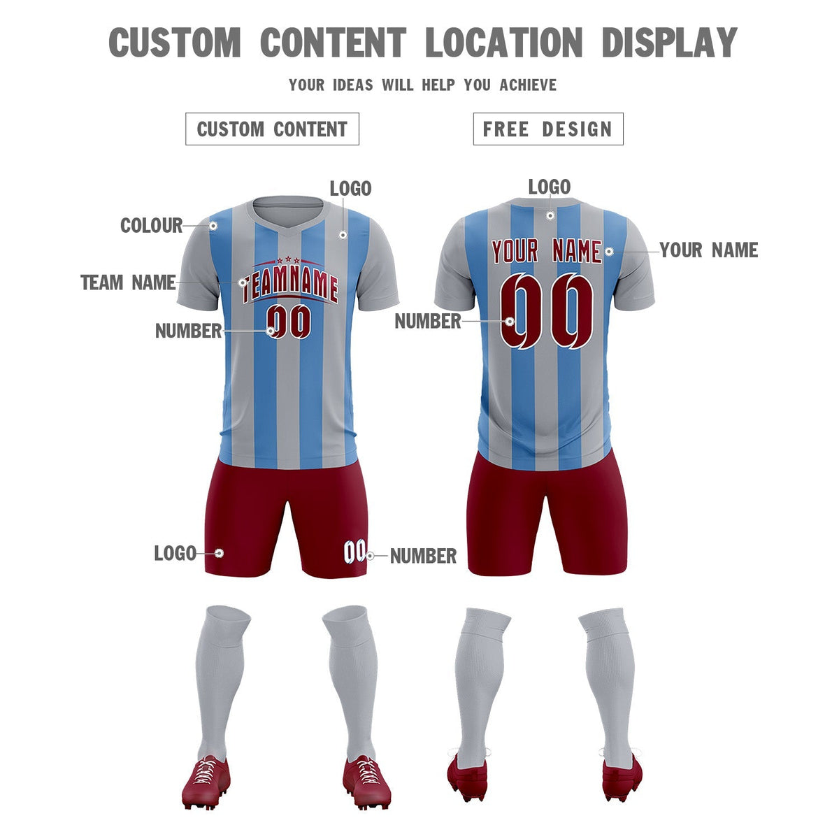 Custom Gray Light Blue Vertical Stripes Casual Outdoor Soccer Sets Jersey