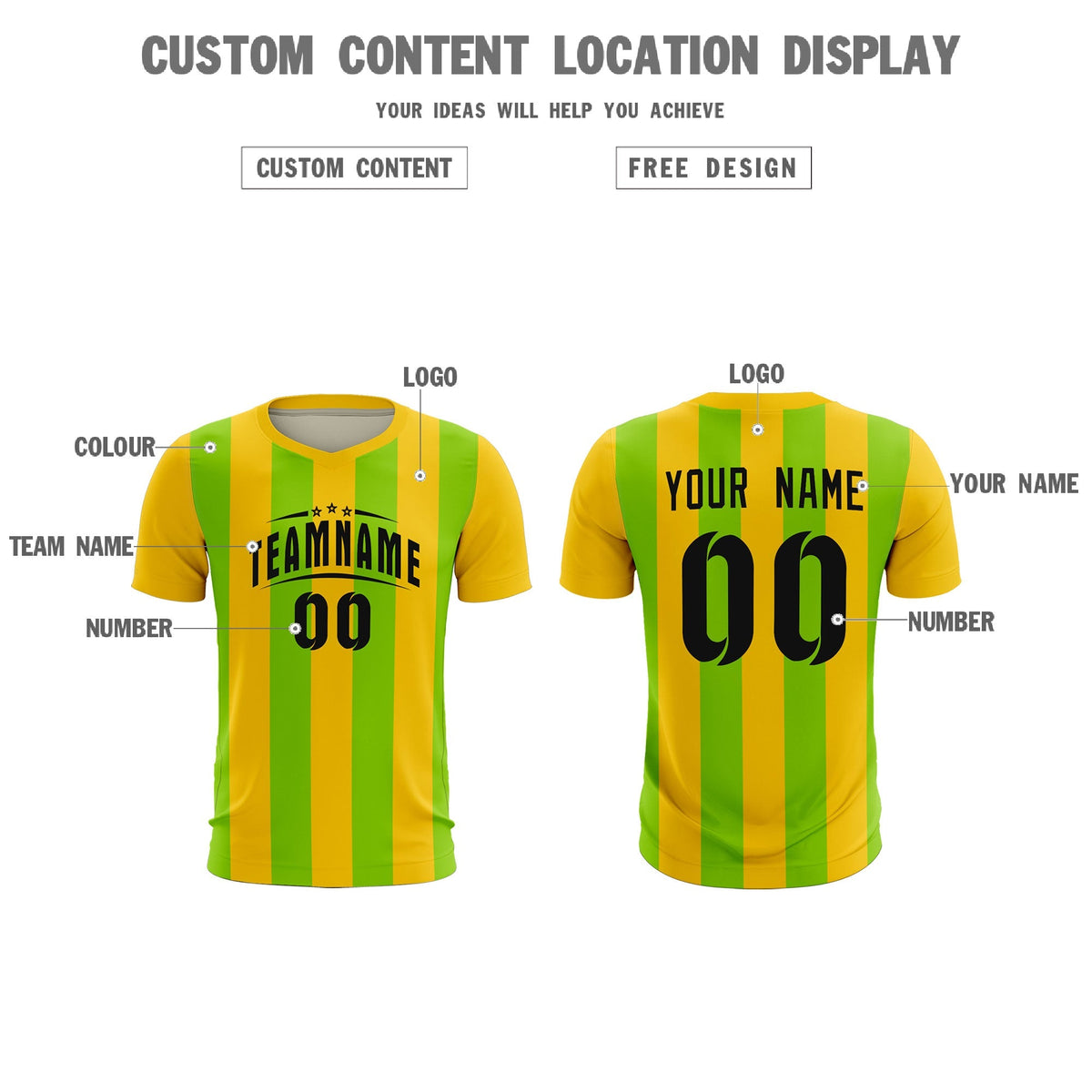 Custom Gold Neon Green Vertical Stripes Casual Outdoor Soccer Sets Jersey