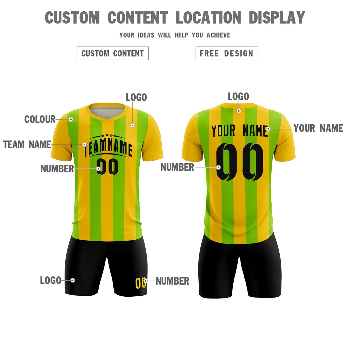 Custom Gold Neon Green Vertical Stripes Casual Outdoor Football Kits Jersey