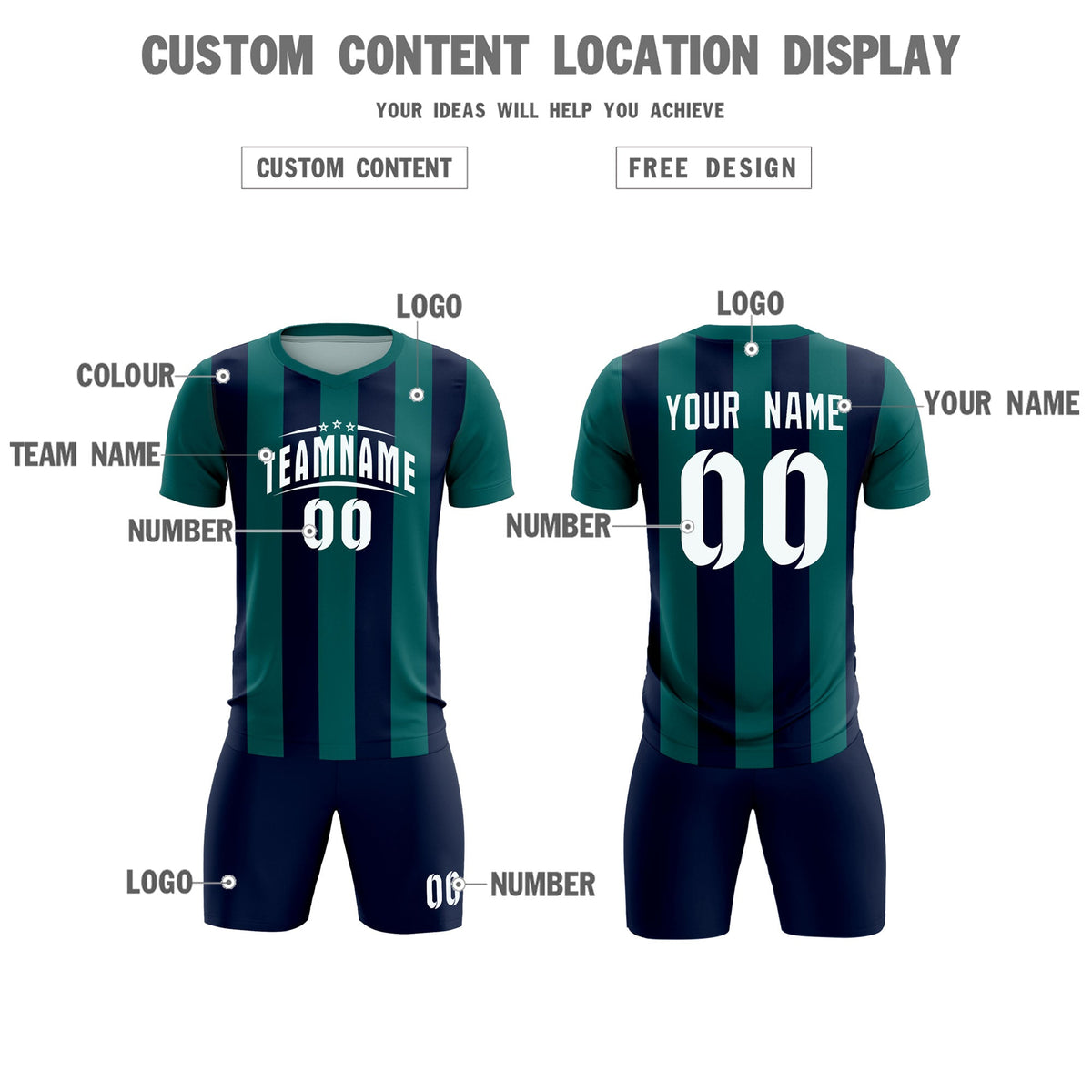 Custom Aqua Navy Vertical Stripes Casual Outdoor Football Kits Jersey