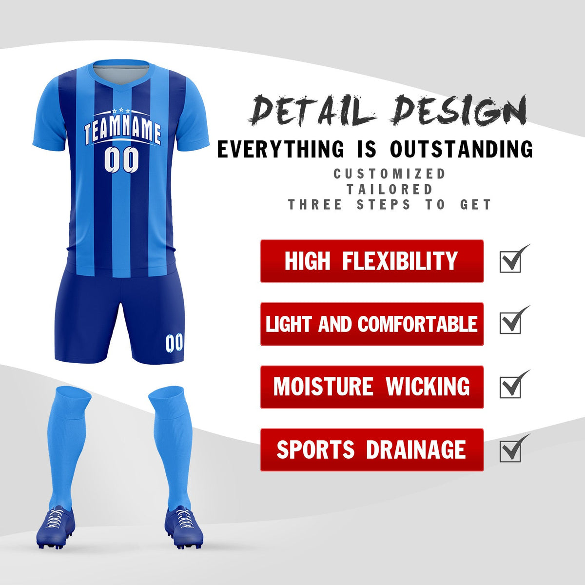 Custom Powder Blue Royal Vertical Stripes Casual Outdoor Football Kits Jersey