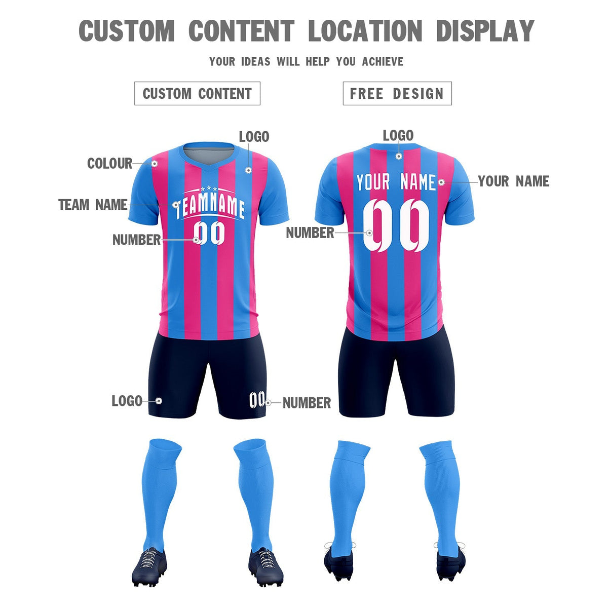 Custom Powder Blue Pink Vertical Stripes Casual Outdoor Football Kits Jersey