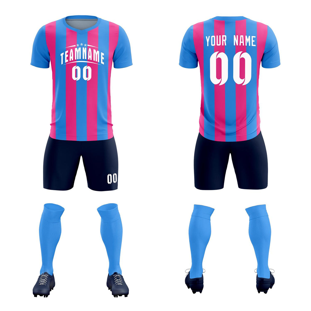 Custom Powder Blue Pink Vertical Stripes Casual Outdoor Football Kits Jersey