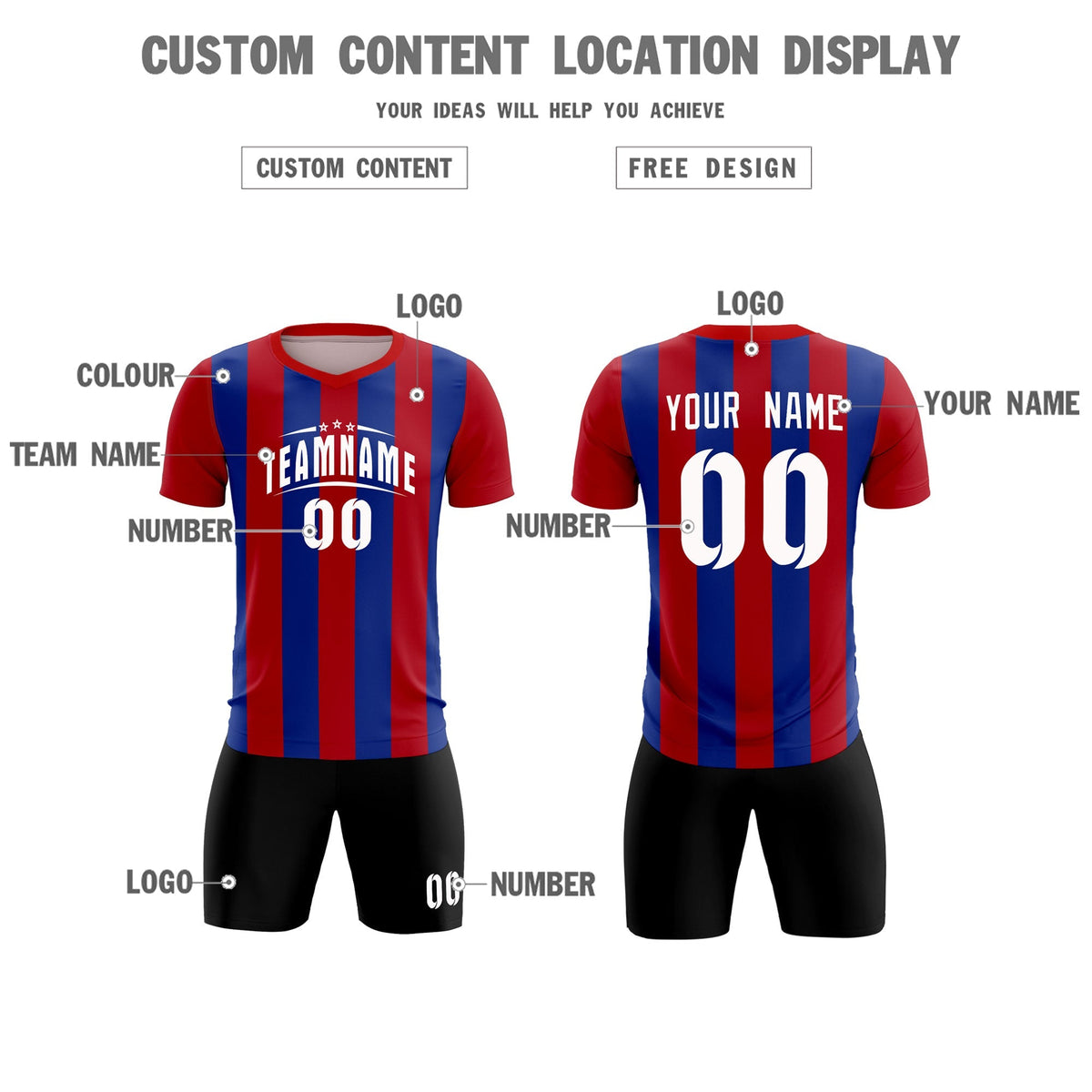 Custom Red Royal Vertical Stripes Casual Outdoor Soccer Sets Jersey