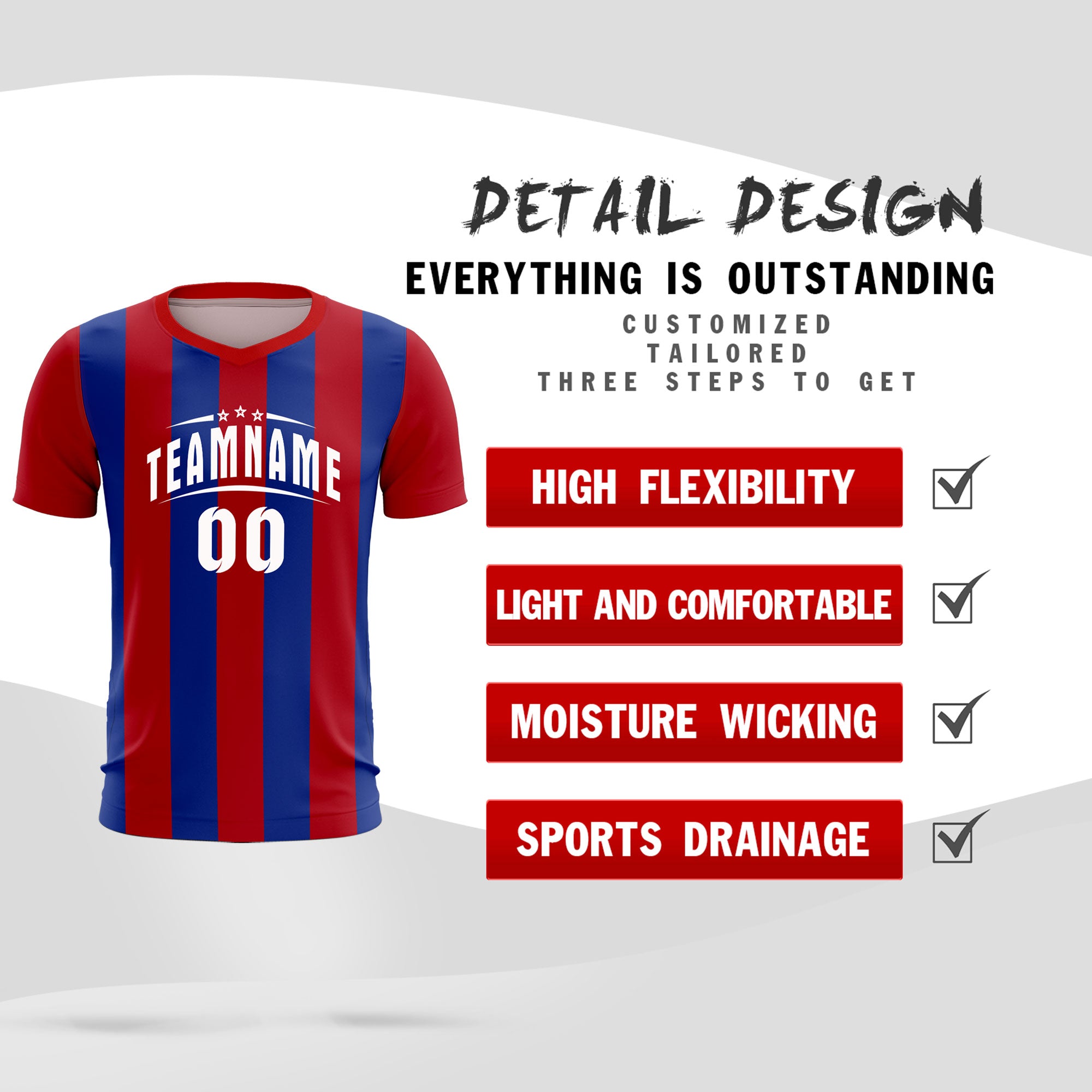 Custom Red Royal Vertical Stripes Casual Outdoor Soccer Sets Jersey