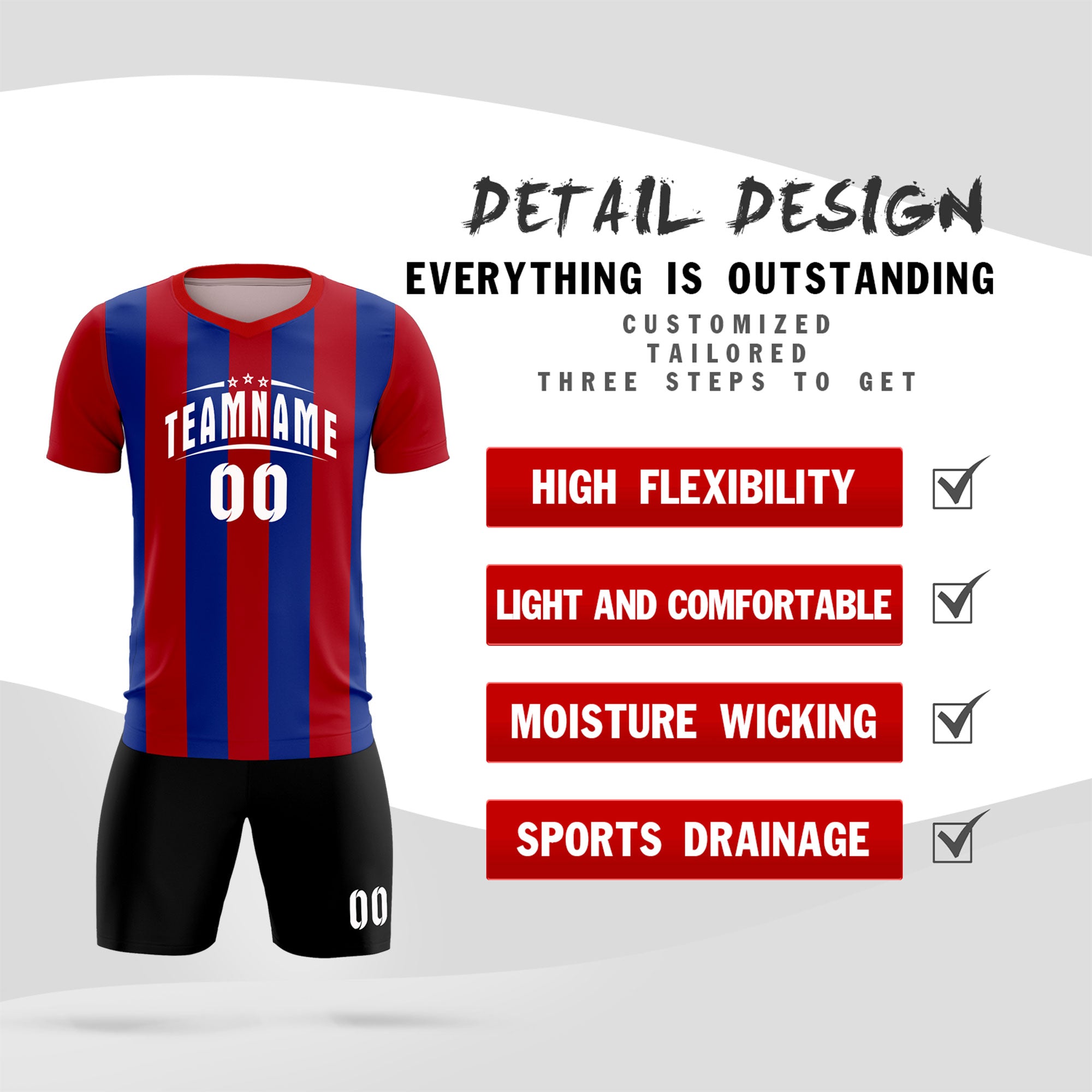 Custom Red Royal Vertical Stripes Casual Outdoor Soccer Sets Jersey