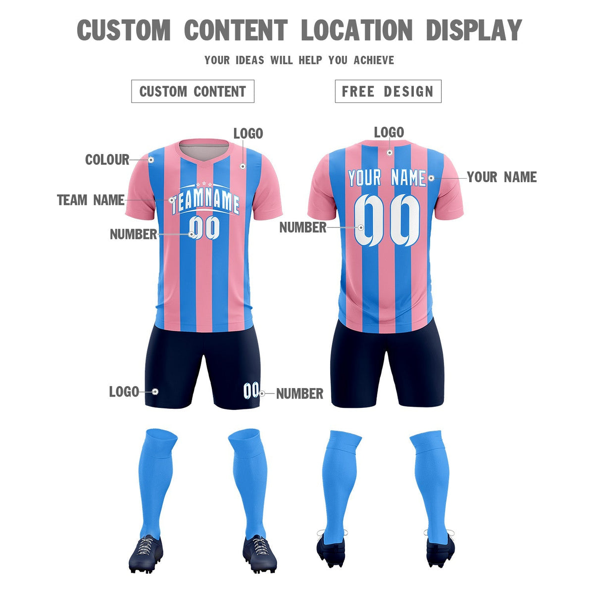 Custom Light Pink Powder Blue Vertical Stripes Casual Outdoor Football Kits Jersey