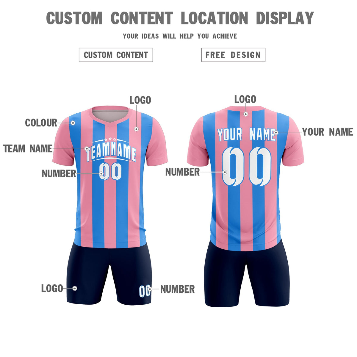 Custom Light Pink Powder Blue Vertical Stripes Casual Outdoor Football Kits Jersey