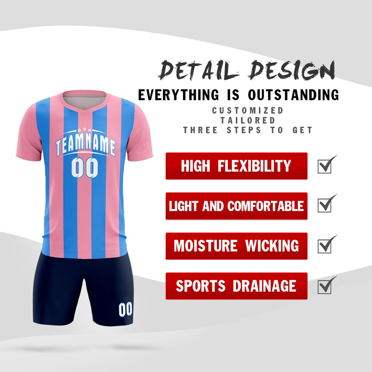 Custom Light Pink Powder Blue Vertical Stripes Casual Outdoor Football Kits Jersey