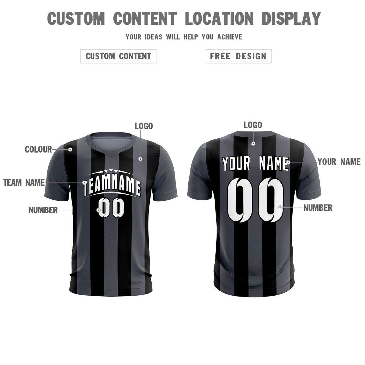 Custom Dark Gray Black Vertical Stripes Casual Outdoor Football Kits Jersey