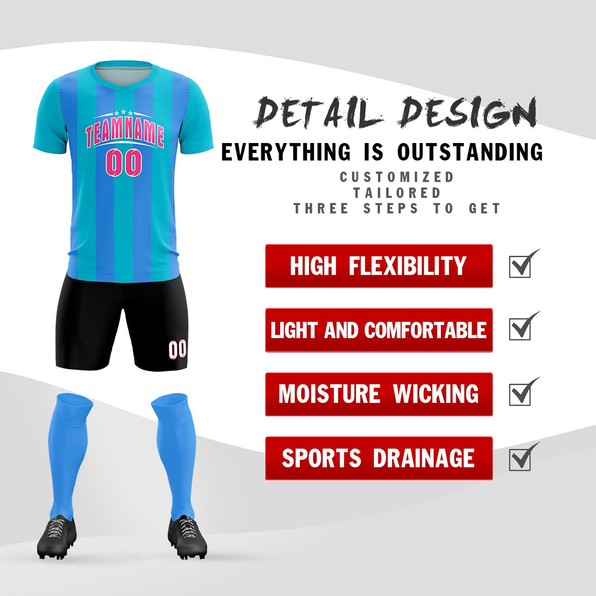 Custom Sky Blue Powder Blue Vertical Stripes Casual Outdoor Football Kits Jersey