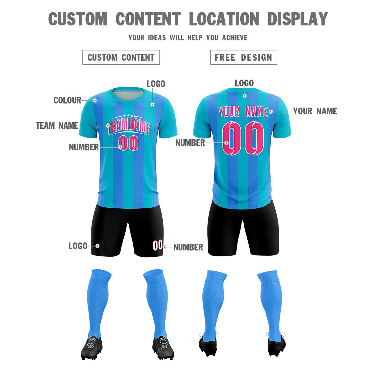Custom Sky Blue Powder Blue Vertical Stripes Casual Outdoor Football Kits Jersey