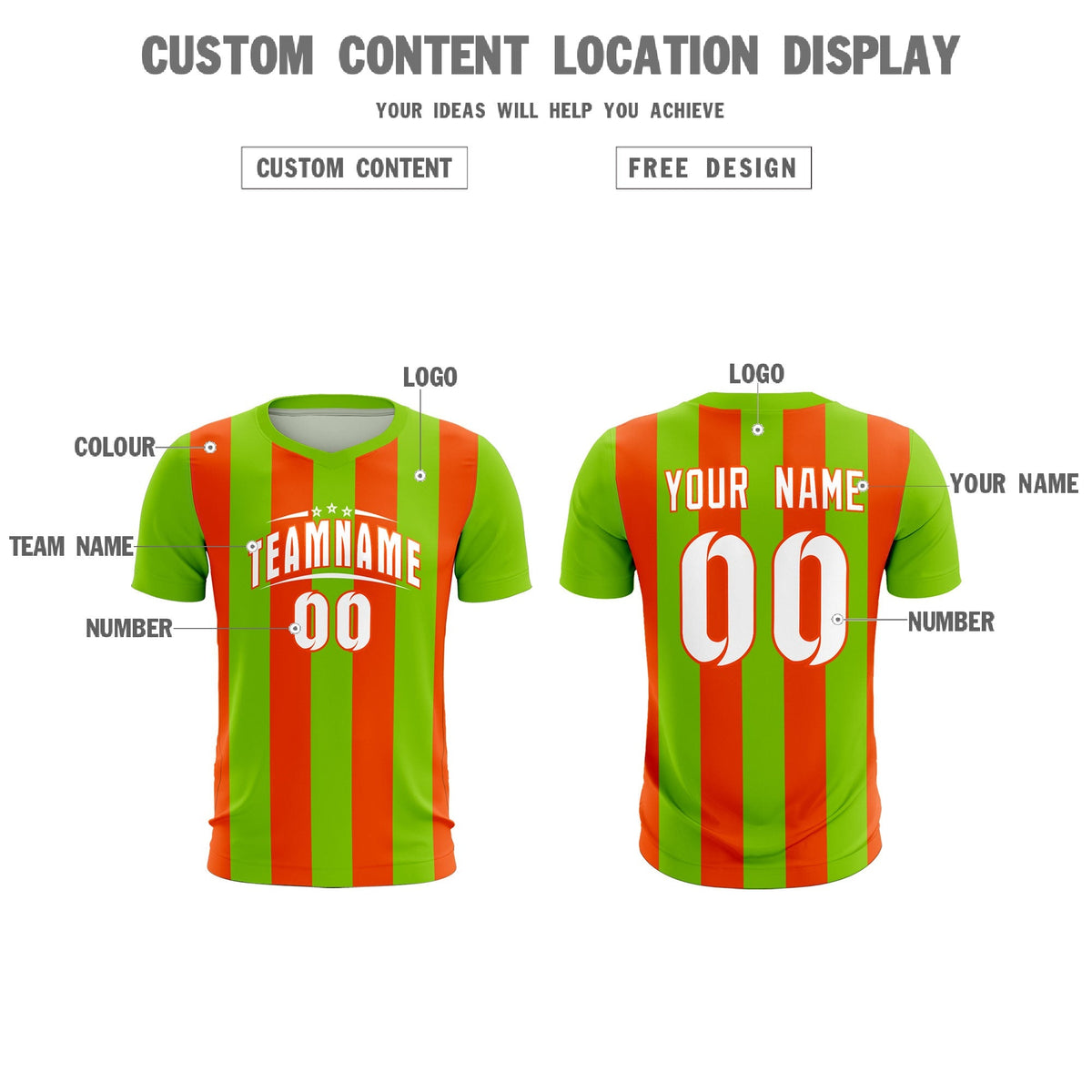 Custom Neon Green Orange Vertical Stripes Casual Outdoor Football Kits Jersey