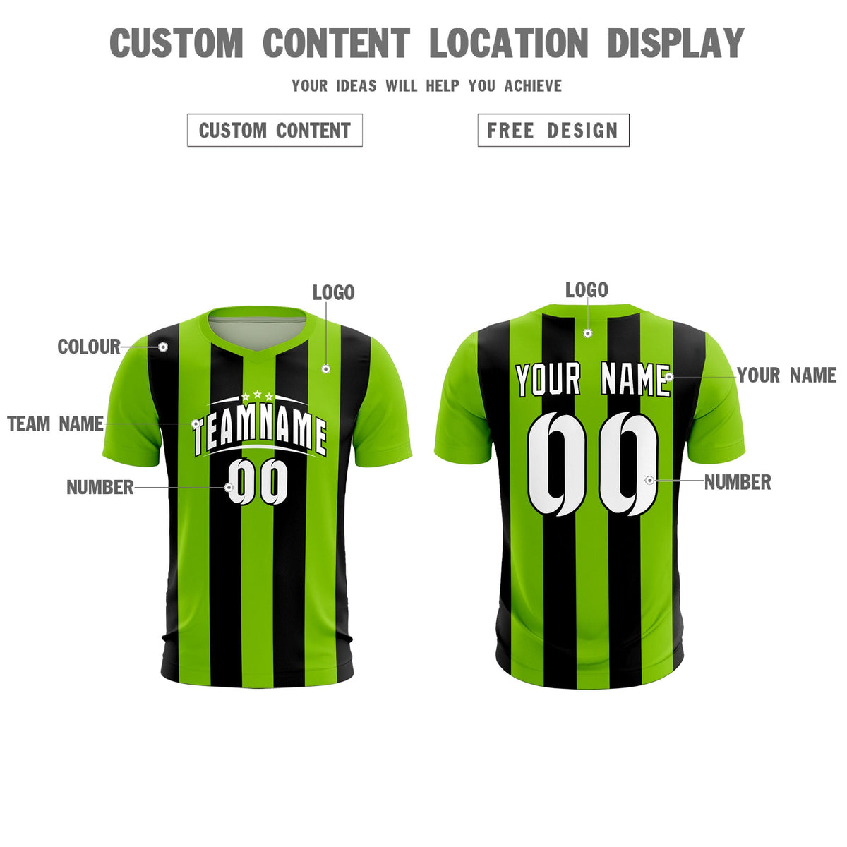 Custom Neon Green Black Vertical Stripes Casual Outdoor Football Kits Jersey