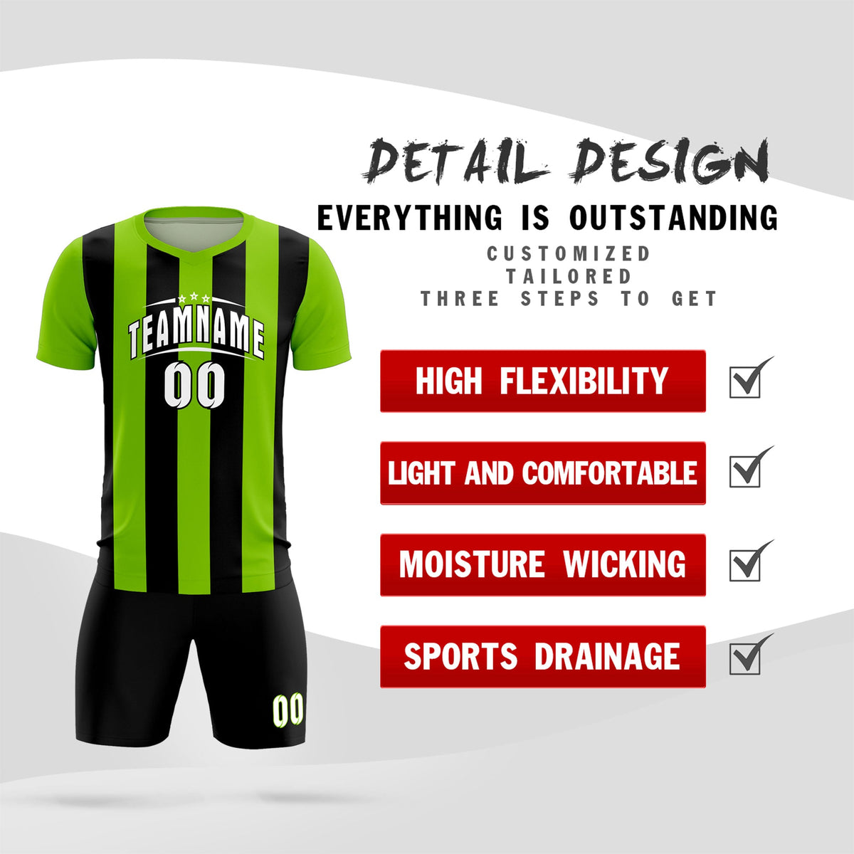 Custom Neon Green Black Vertical Stripes Casual Outdoor Football Kits Jersey
