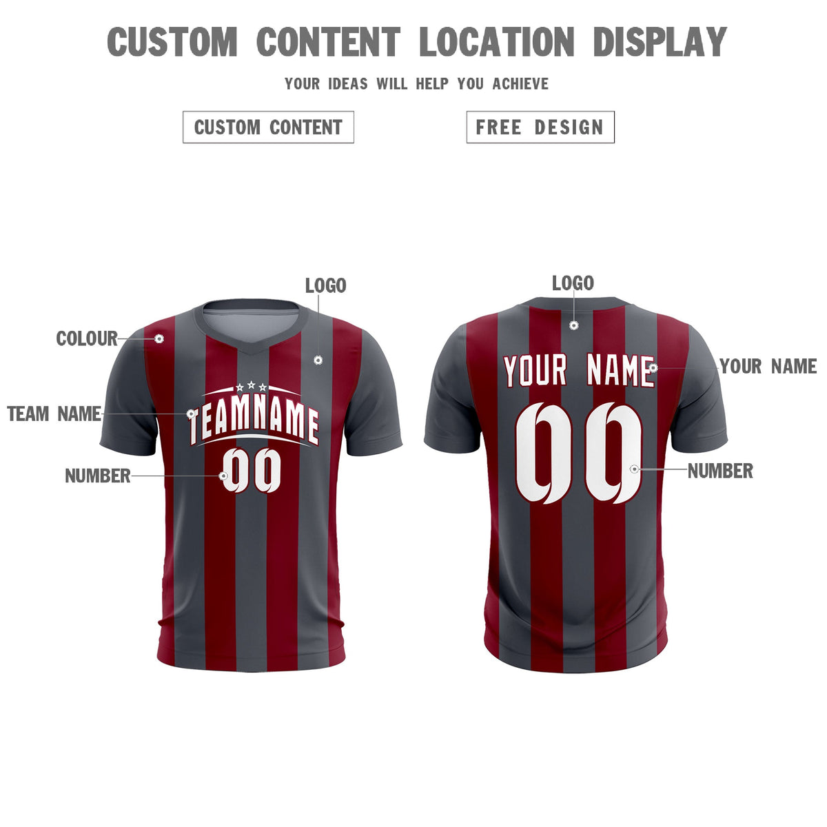 Custom Dark Gray Crimson Vertical Stripes Casual Outdoor Soccer Sets Jersey