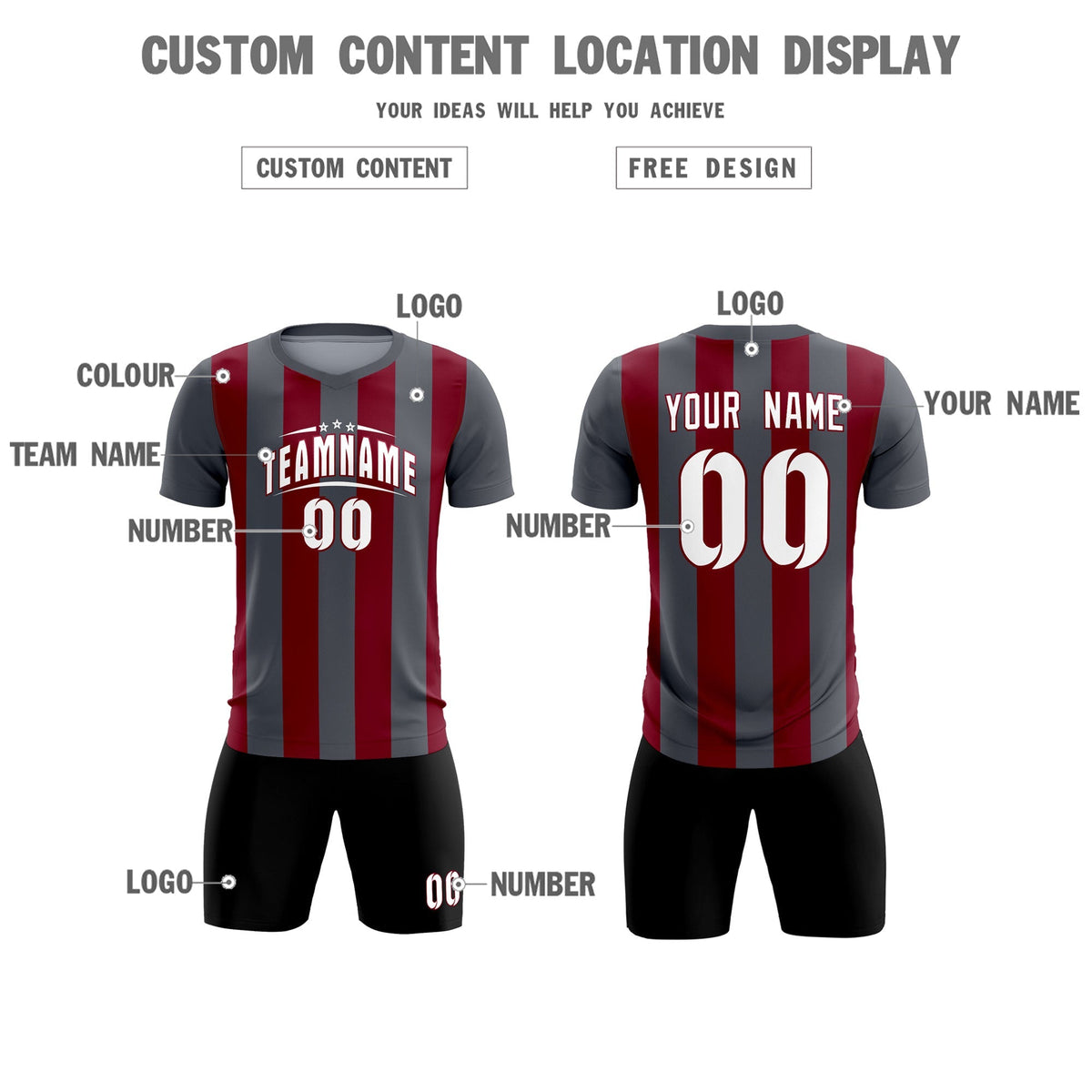 Custom Dark Gray Crimson Vertical Stripes Casual Outdoor Soccer Sets Jersey