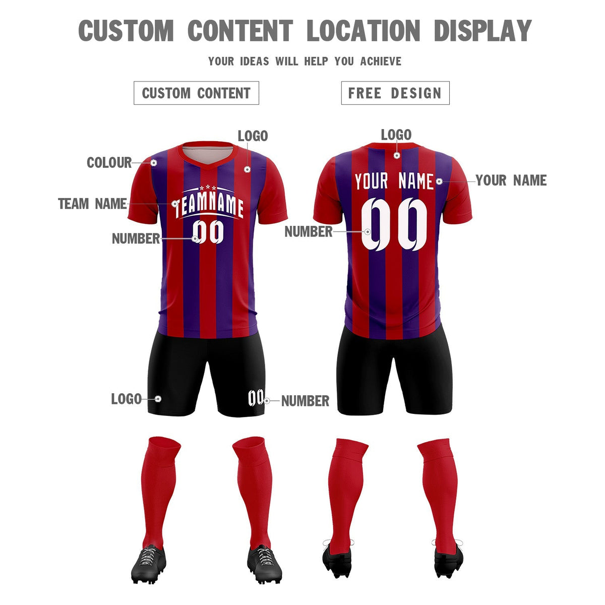 Custom Red Purple Vertical Stripes Casual Outdoor Football Kits Jersey
