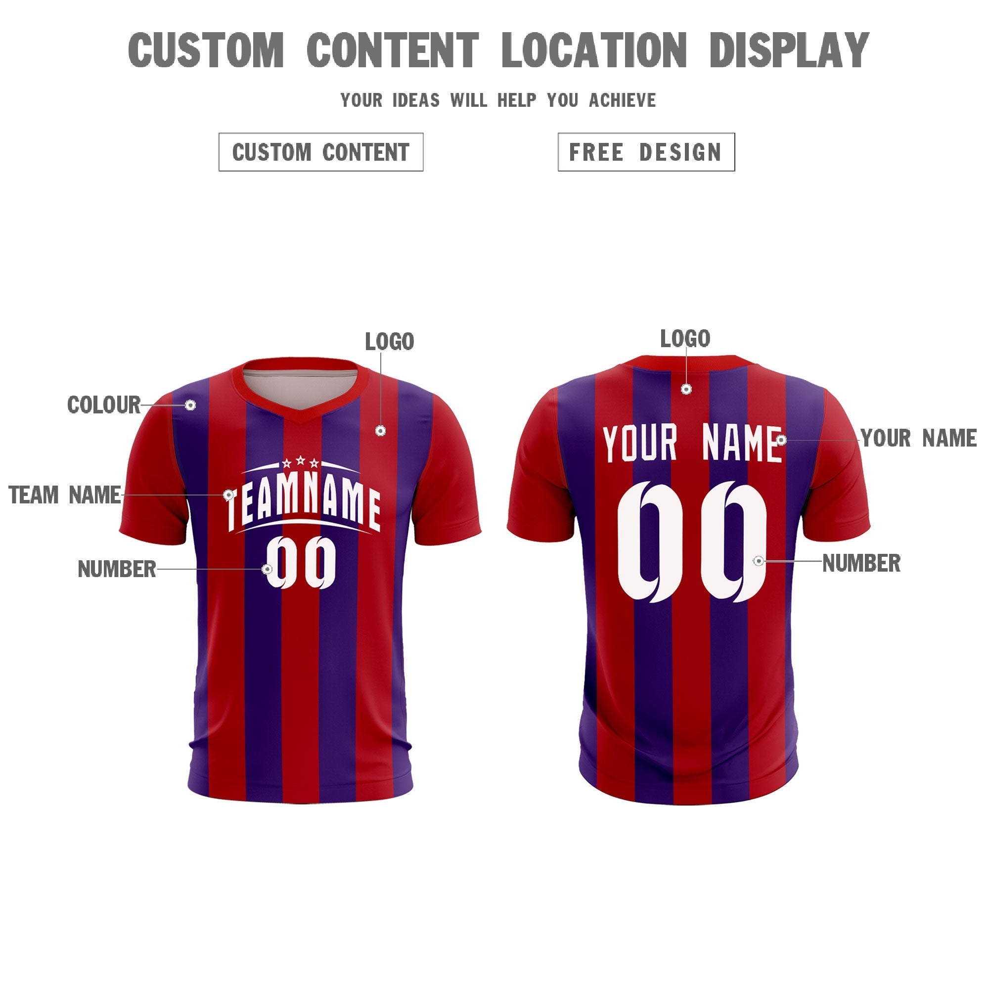 Custom Red Purple Vertical Stripes Casual Outdoor Soccer Sets Jersey