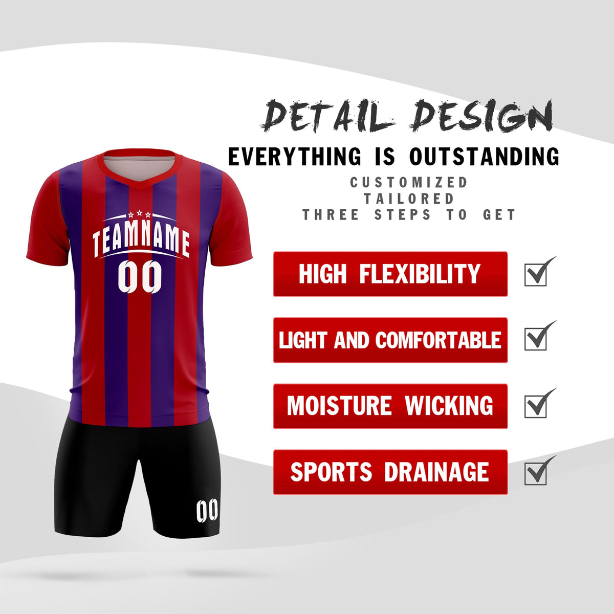 Custom Red Purple Vertical Stripes Casual Outdoor Football Kits Jersey