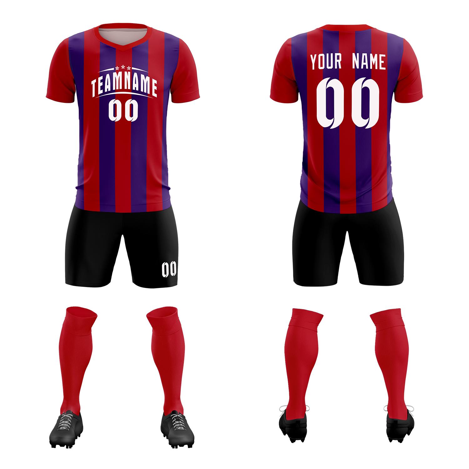 Custom Red Purple Vertical Stripes Casual Outdoor Soccer Sets Jersey