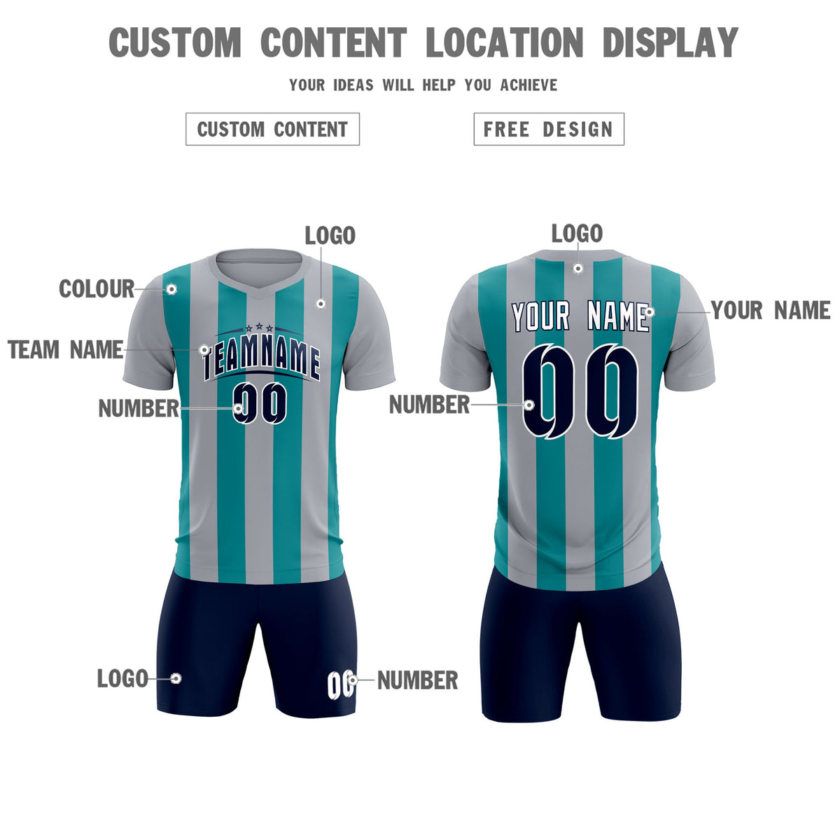 Custom Gray Aqua Vertical Stripes Casual Outdoor Football Kits Jersey