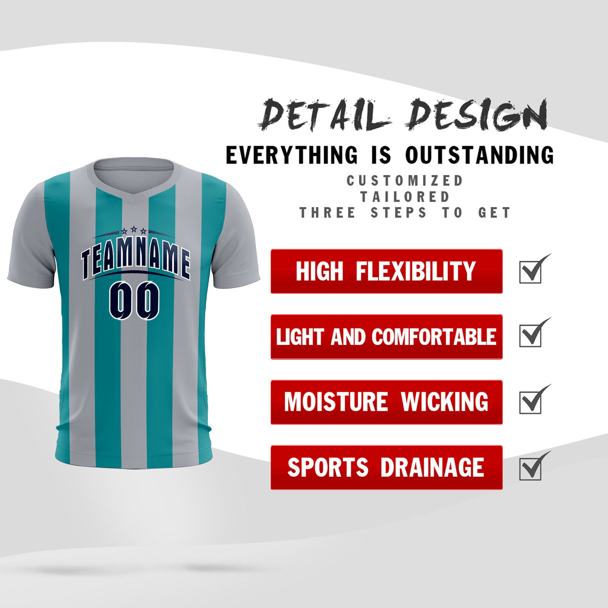Custom Gray Aqua Vertical Stripes Casual Outdoor Football Kits Jersey