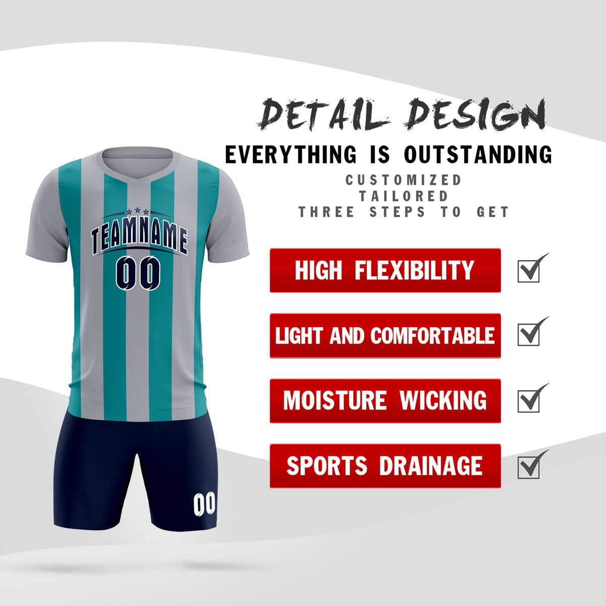 Custom Gray Aqua Vertical Stripes Casual Outdoor Football Kits Jersey