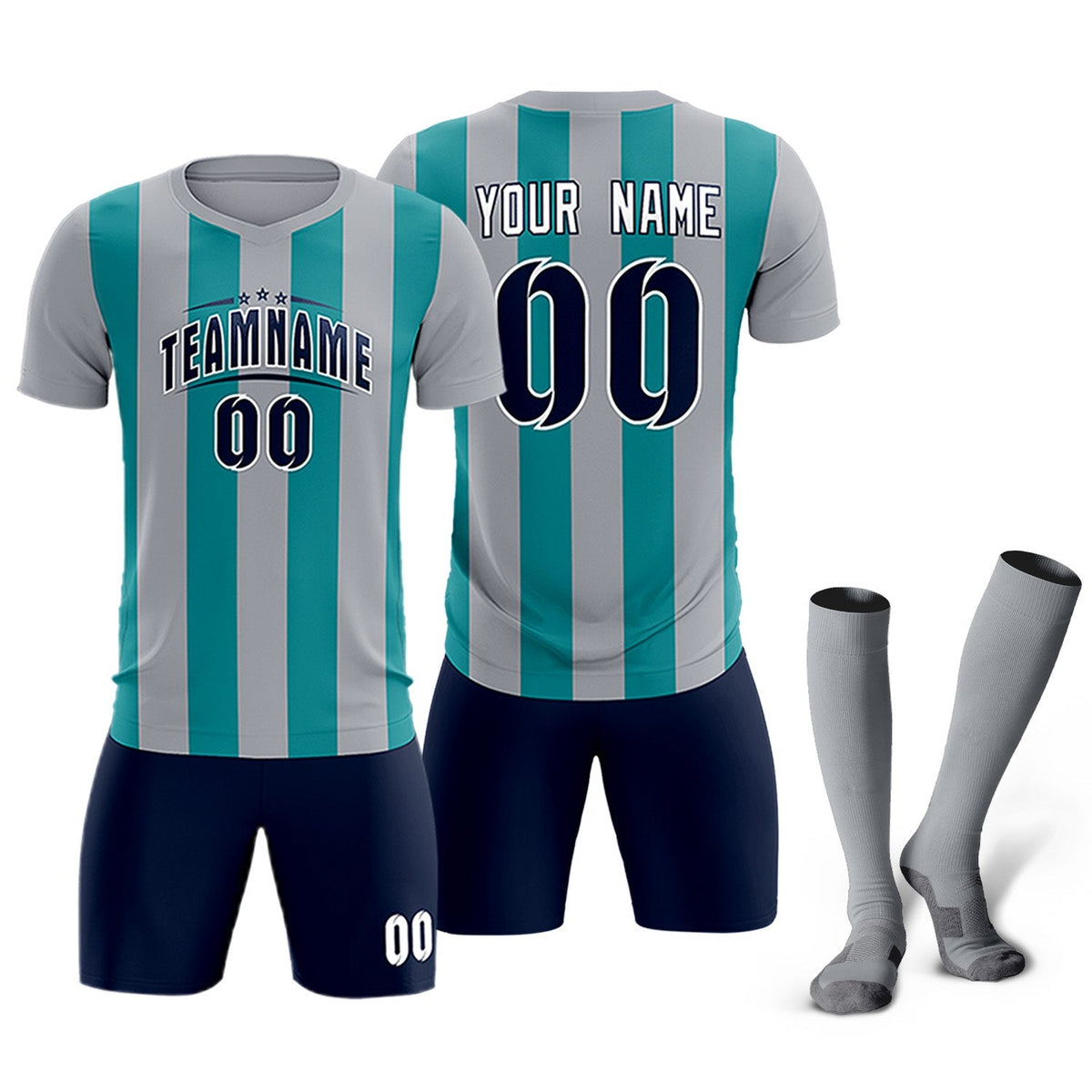 Custom Gray Aqua Vertical Stripes Casual Outdoor Football Kits Jersey