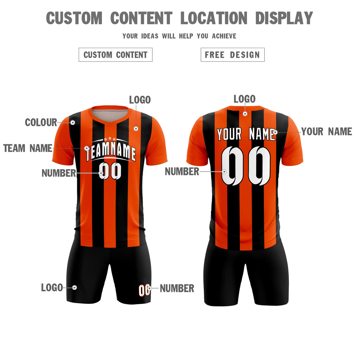 Custom Orange Black Vertical Stripes Casual Outdoor Football Kits Jersey