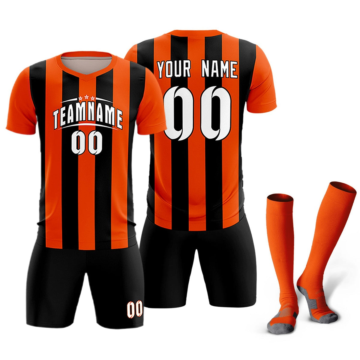 Custom Orange Black Vertical Stripes Casual Outdoor Football Kits Jersey