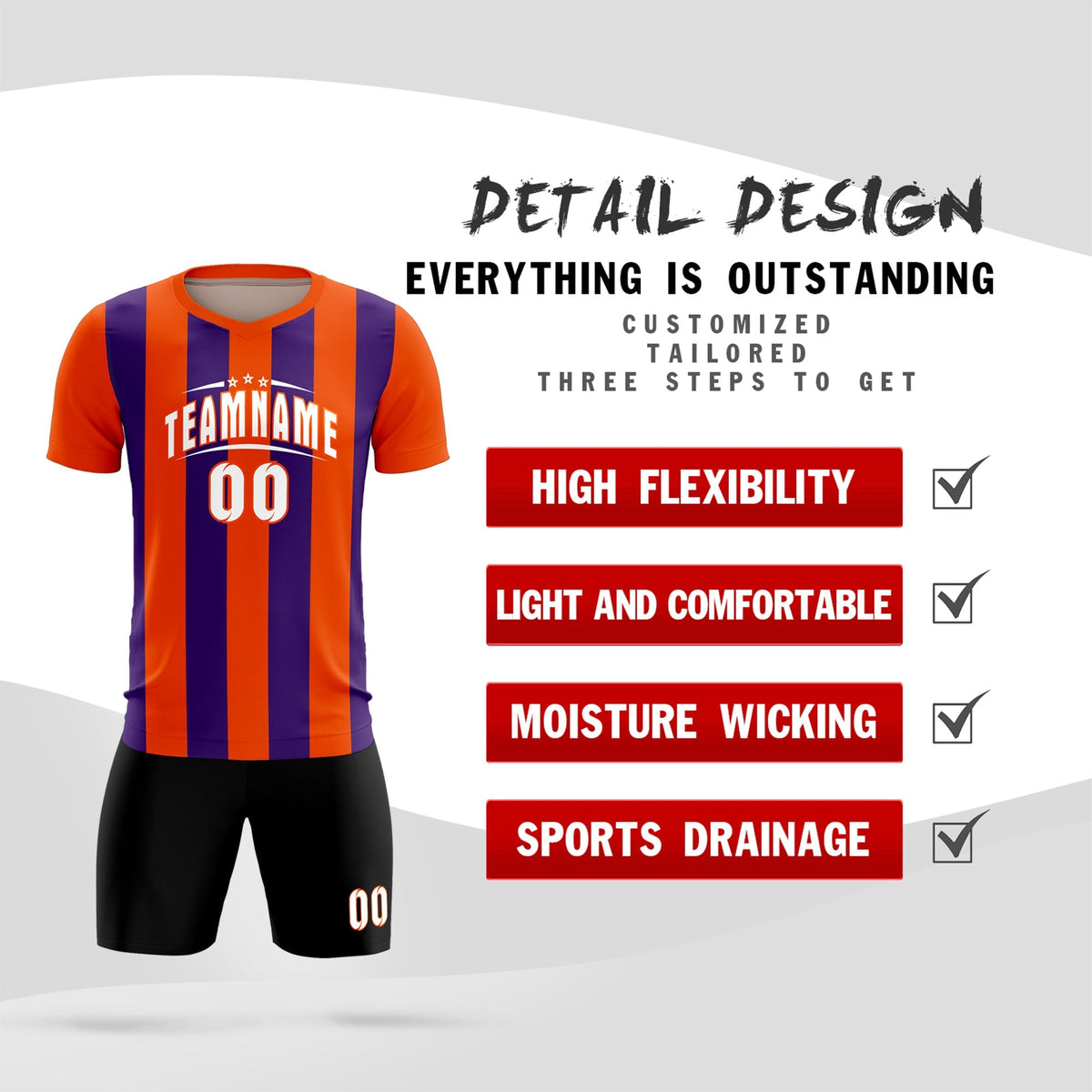 Custom Orange Purple Vertical Stripes Casual Outdoor Soccer Sets Jersey