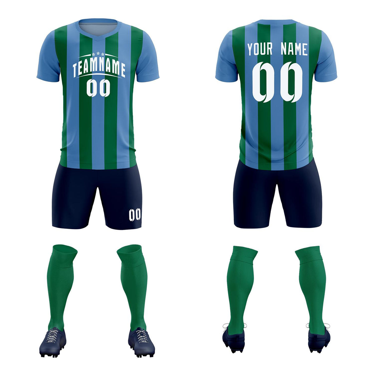 Custom Light Blue Kelly Green Vertical Stripes Casual Outdoor Soccer Sets Jersey
