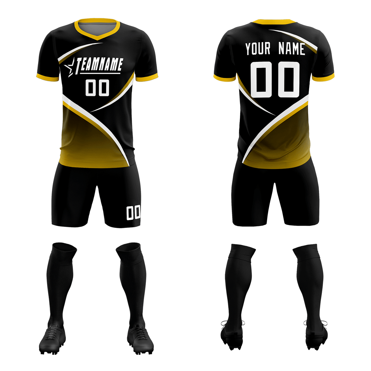 Custom Black Gold Color Block Training Uniform For Men Soccer Sets Jersey