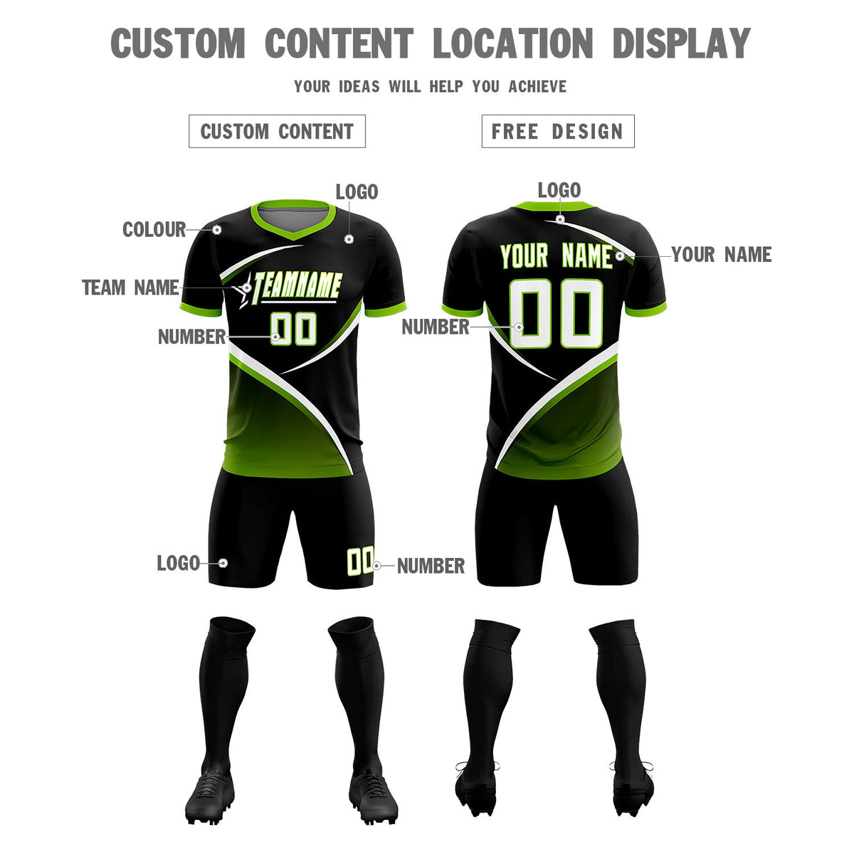 Custom Black Neon Green Color Block Training Uniform For Men Soccer Sets Jersey