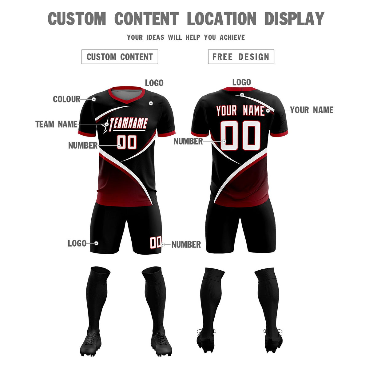 Custom Black Red Color Block Training Uniform For Men Soccer Sets Jersey