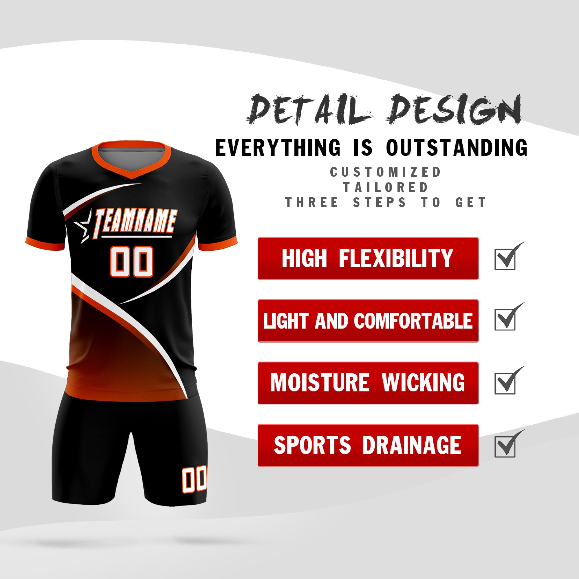 Custom Black Orange Color Block Training Uniform For Men Soccer Sets Jersey