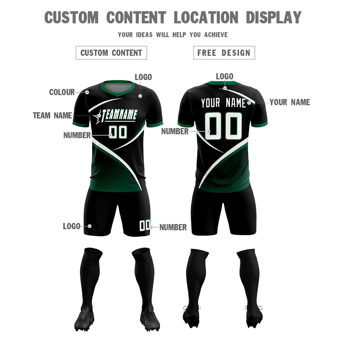 Custom Black Kelly Green Color Block Training Uniform For Men Soccer Sets Jersey