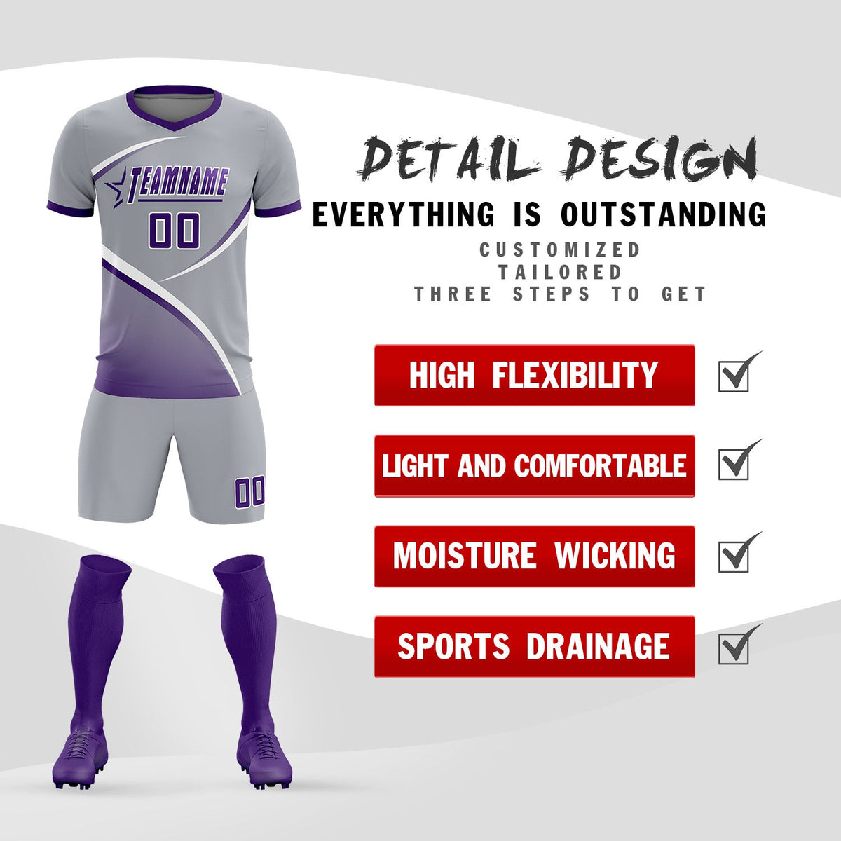 Custom Gray Purple Color Block Training Uniform For Men Soccer Sets Jersey