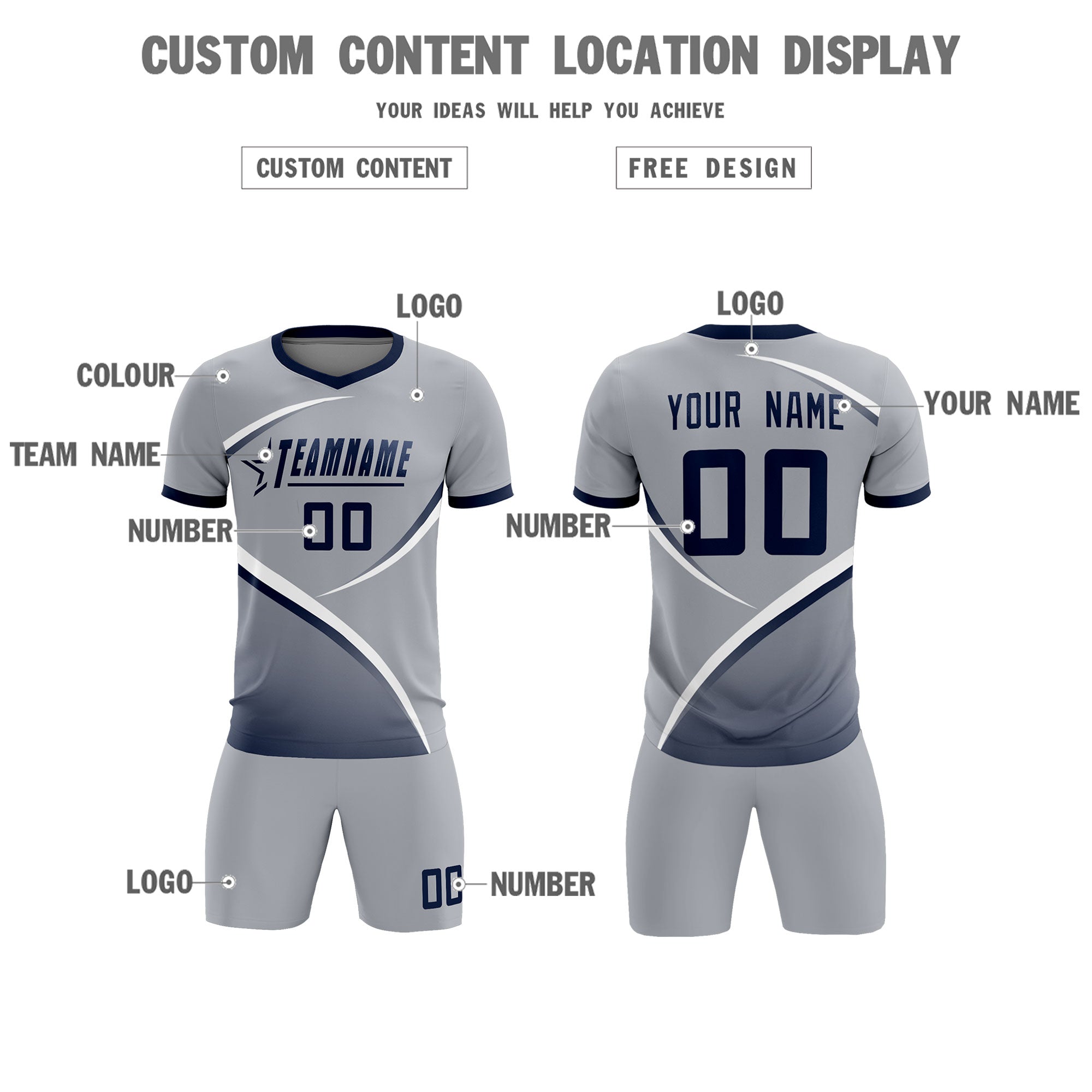 Custom Gray Navy Color Block Training Uniform For Men Soccer Sets Jersey