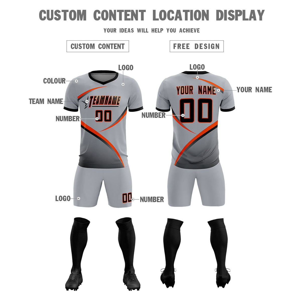 Custom Gray Black Color Block Training Uniform For Men Soccer Sets Jersey