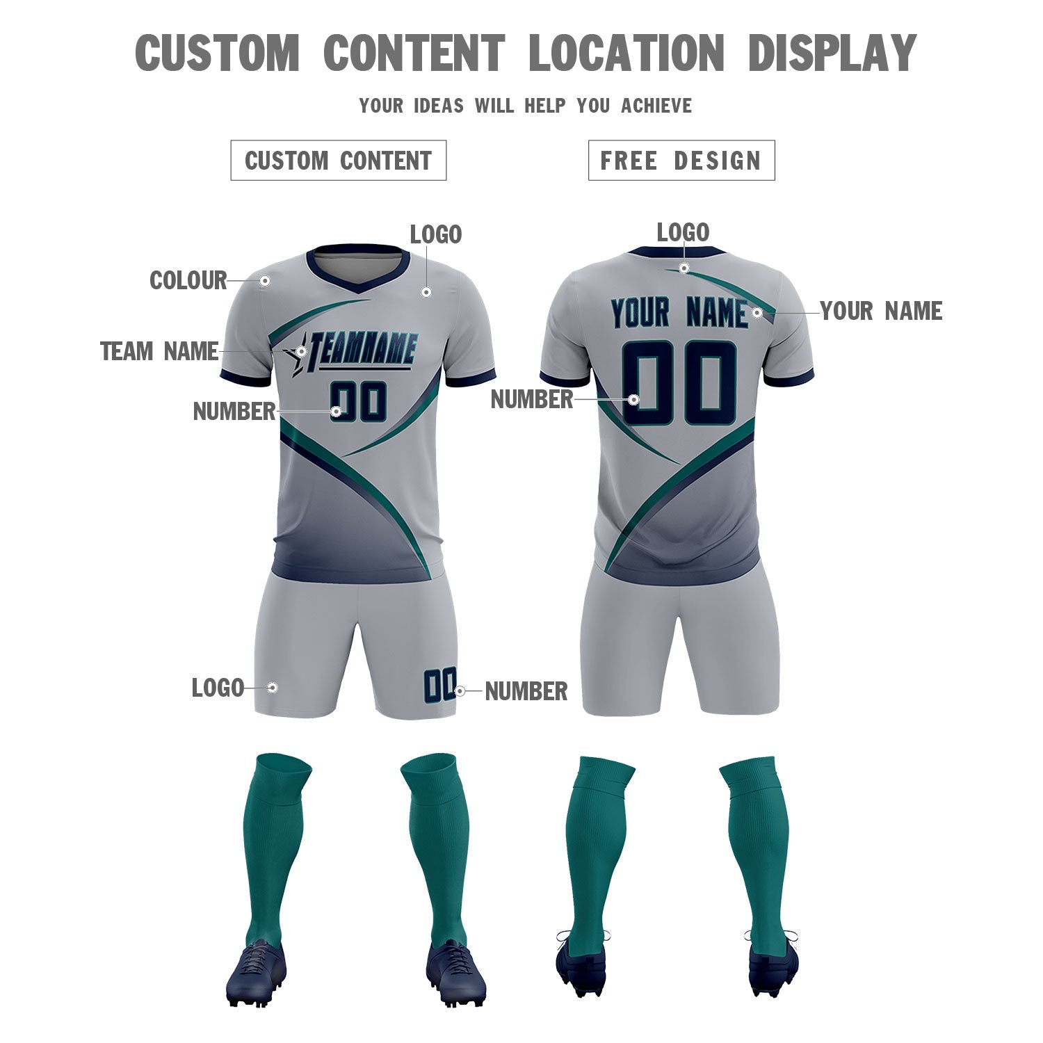 Custom Gray Navy Color Block Training Uniform For Men Soccer Sets Jersey