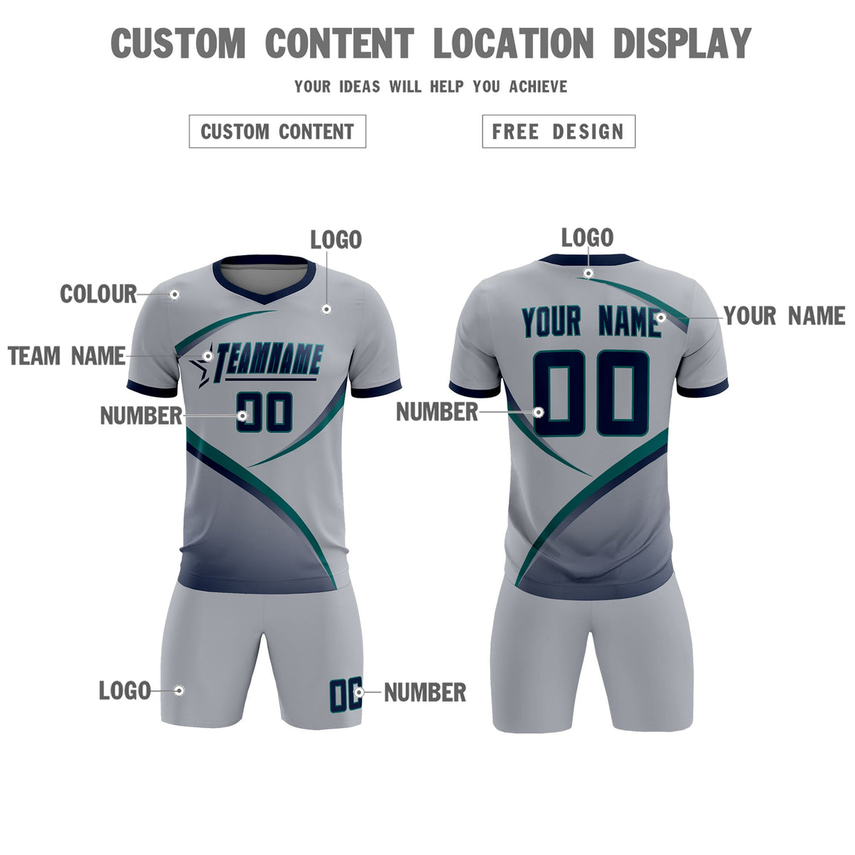 Custom Gray Navy Color Block Training Uniform For Men Soccer Sets Jersey