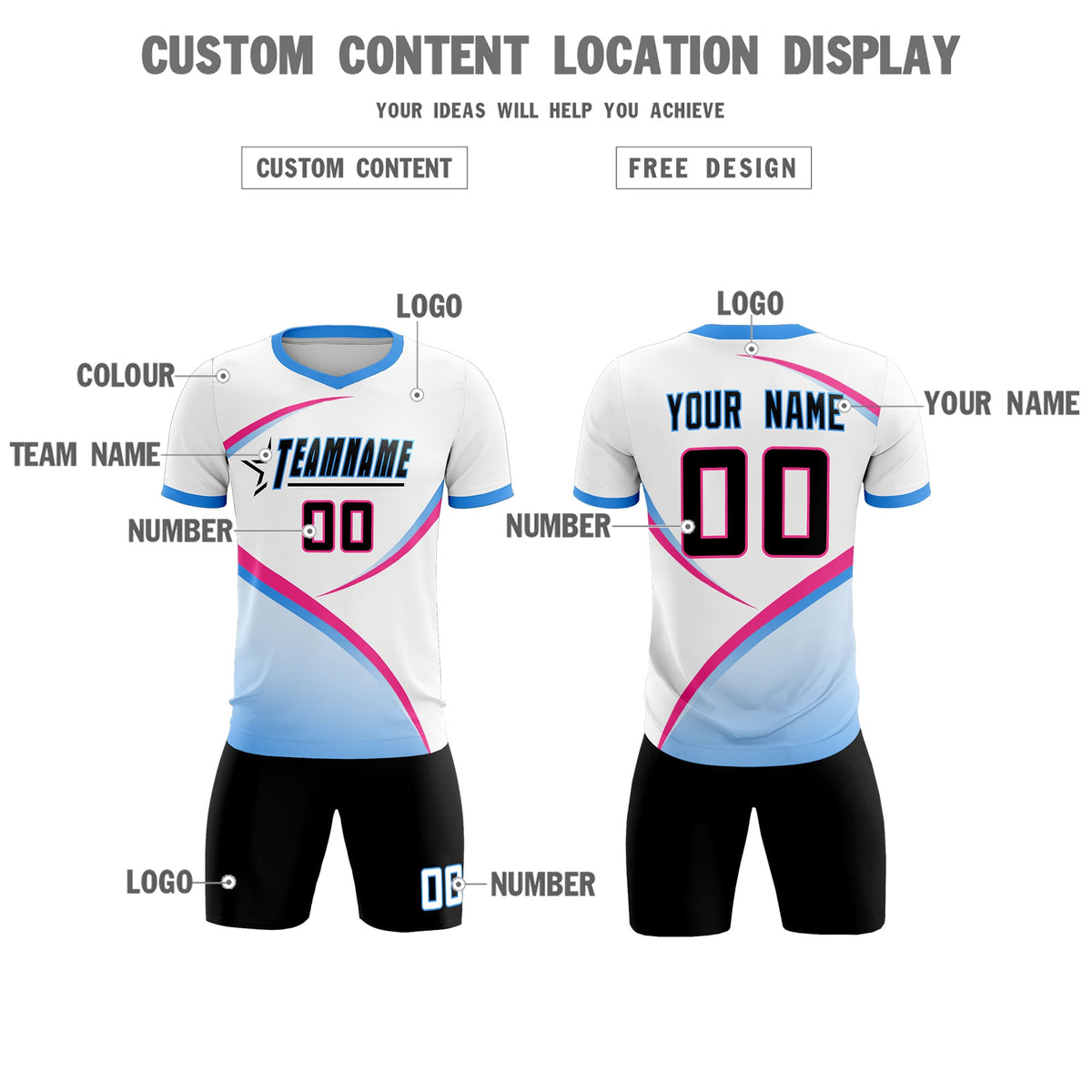 Custom White Powder Blue Color Block Training Uniform For Men Soccer Sets Jersey