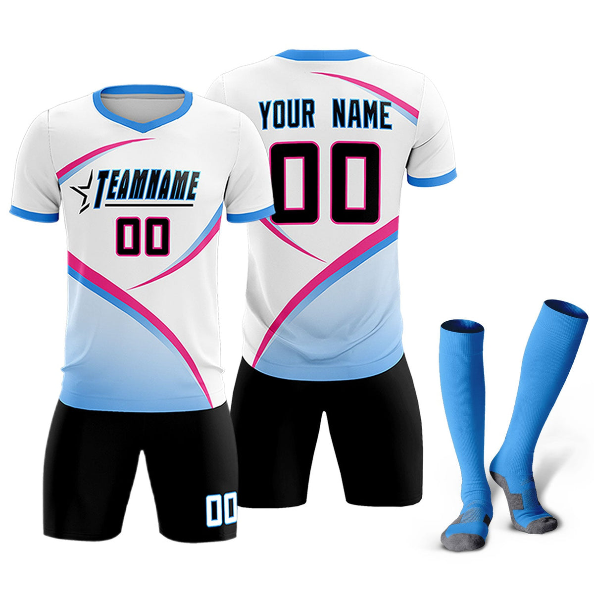 Custom White Powder Blue Color Block Training Uniform For Men Soccer Sets Jersey
