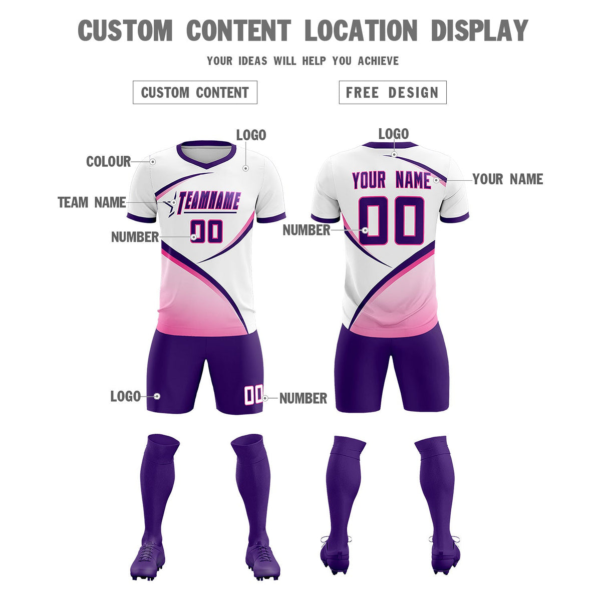 Custom White Purple Color Block Training Uniform For Men Soccer Sets Jersey