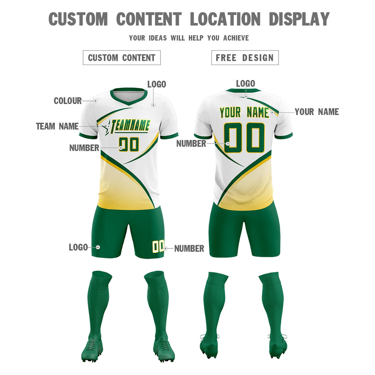 Custom White Kelly Green Color Block Training Uniform For Men Soccer Sets Jersey