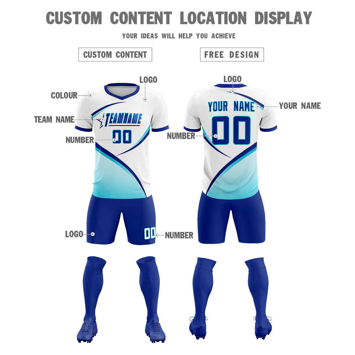 Custom White Sky Blue Color Block Training Uniform For Men Soccer Sets Jersey