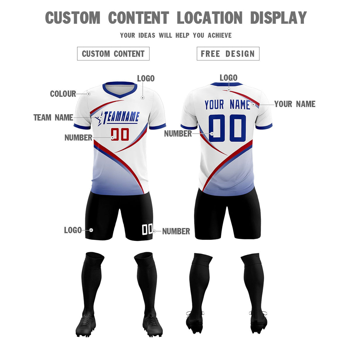 Custom White Royal Color Block Training Uniform For Men Soccer Sets Jersey