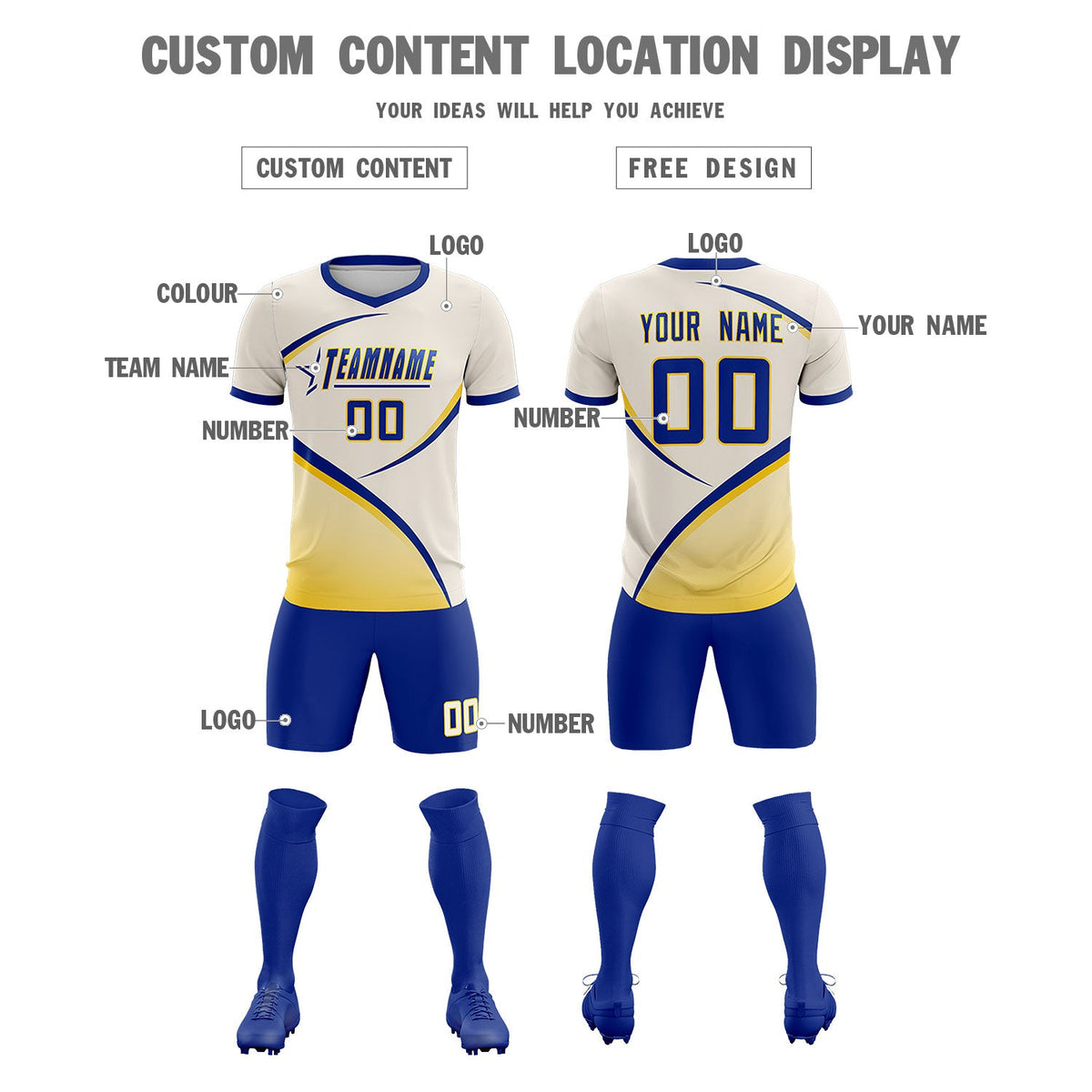 Custom Cream Royal Color Block Training Uniform For Men Soccer Sets Jersey